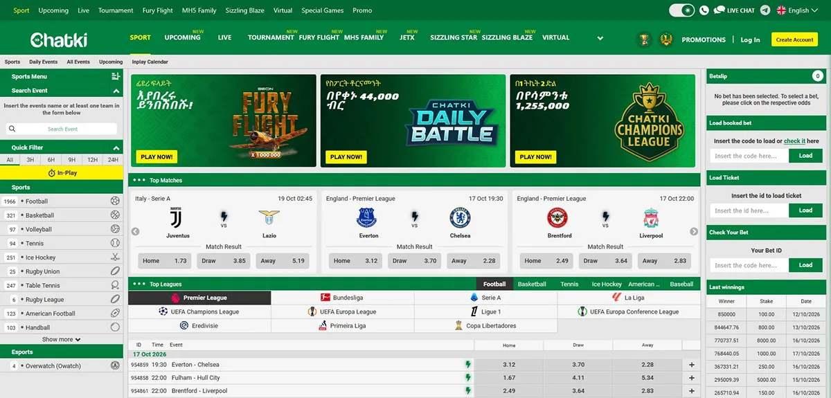 Chatki desktop lobby showing top matches, sport filters, and a betslip panel