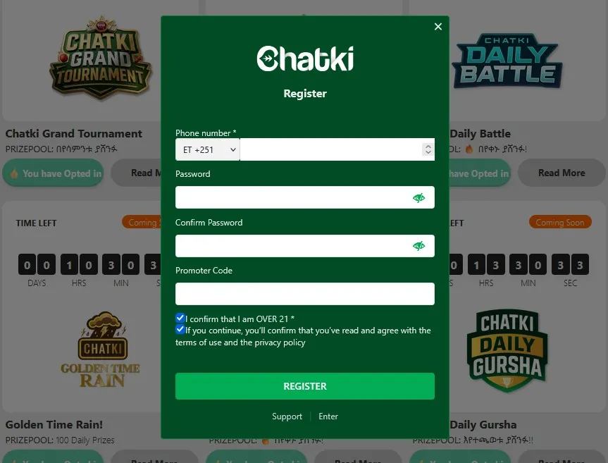 Chatki registration screen with account fields and a sign-up action